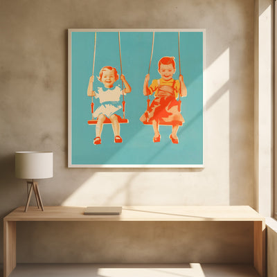 Two Little Girls On Swings - Stretched Canvas, Poster or Fine Art Print I Heart Wall Art