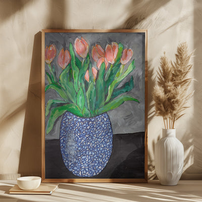 Tulips In Blue Vase (1) - Square Stretched Canvas, Poster or Fine Art Print I Heart Wall Art