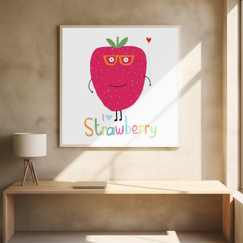 I Love Strawberry! Cute Strawberry Holding a Heart - Stretched Canvas, Poster or Fine Art Print I Heart Wall Art