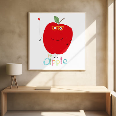 I Love Apple! Happy Apple Holding a Love Heart. - Stretched Canvas, Poster or Fine Art Print I Heart Wall Art