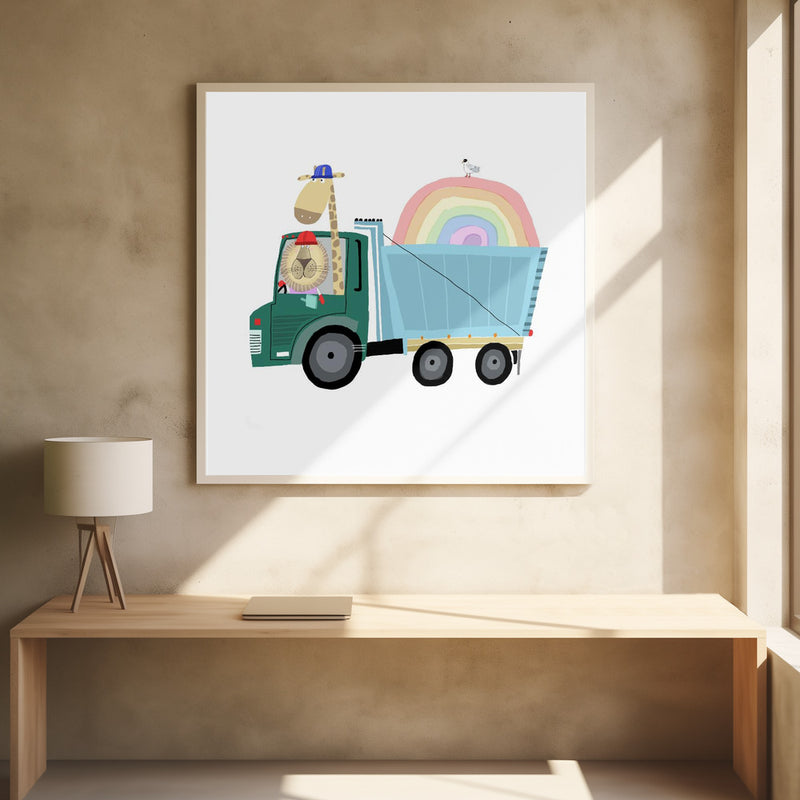 Lion &amp; Giraffe in Construction Truck with Rainbow - Stretched Canvas, Poster or Fine Art Print I Heart Wall Art