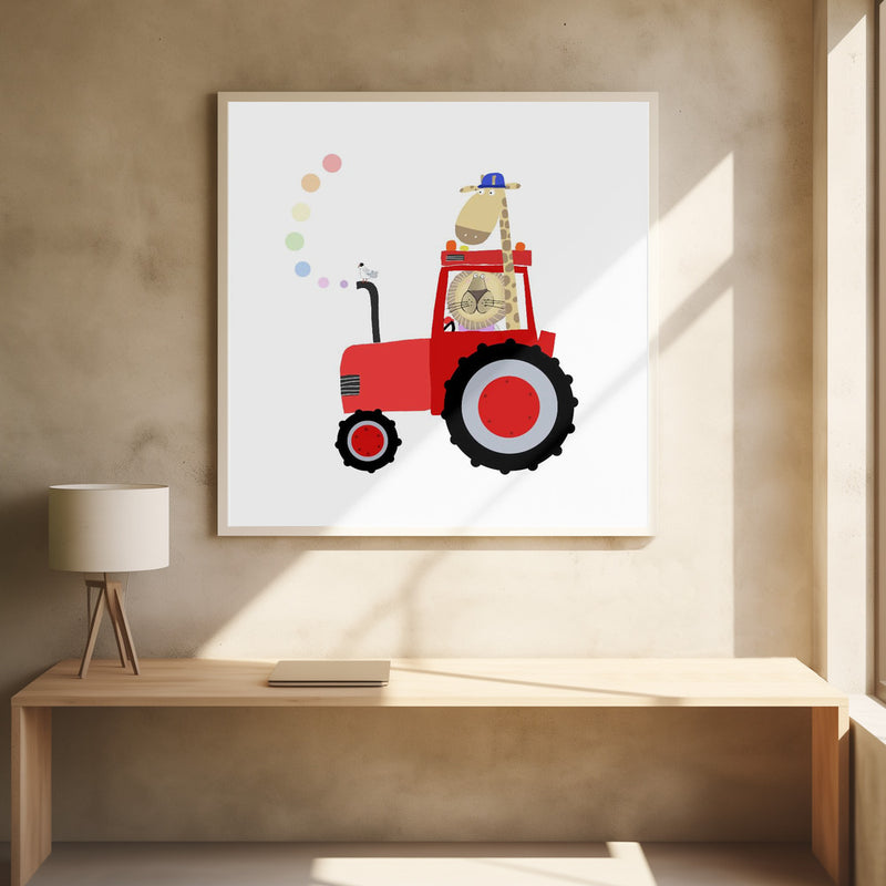 Giraffe and Lion in Red Tractor with Rainbow Spots by Carla Daly - Stretched Canvas, Poster or Fine Art Print I Heart Wall Art