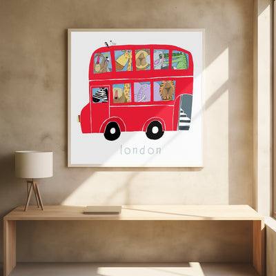 Red London Bus with Jungle Animals by Carla Daly - Stretched Canvas, Poster or Fine Art Print I Heart Wall Art