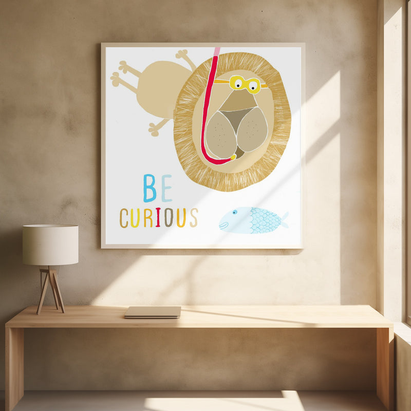 Be Curious! Cute Lion Snorkelling with the Fish by Illustrator Carla Daly - Stretched Canvas, Poster or Fine Art Print I Heart Wall Art