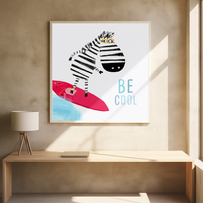 Be Cool! Cute Zebra Surfing the Waves by Illustrator Carla Daly - Stretched Canvas, Poster or Fine Art Print I Heart Wall Art