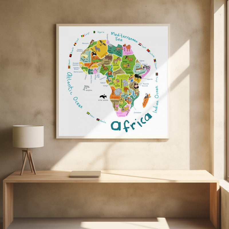 Illustrated Map of Africa with Countries and Cute Animals by Carla Daly - Stretched Canvas, Poster or Fine Art Print I Heart Wall Art