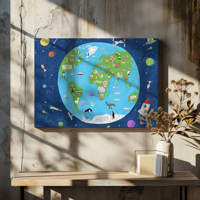 Illustrated Map of the World from Space by Artist Carla Daly - Stretched Canvas, Poster or Fine Art Print I Heart Wall Art