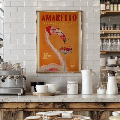 Amaretto Flamingo Art Deco Italian Cafe Travel Art - Stretched Canvas, Poster or Fine Art Print I Heart Wall Art