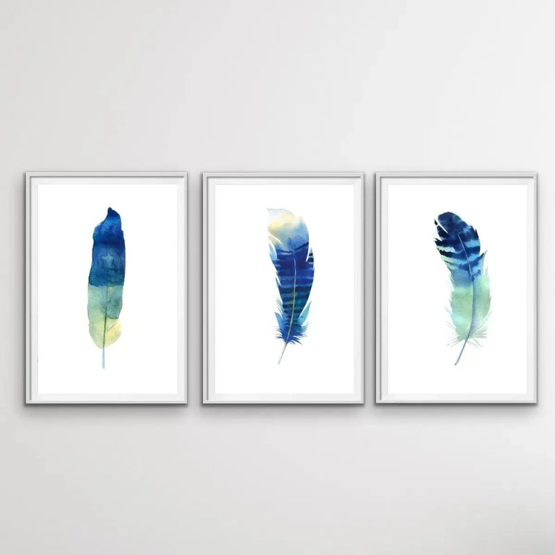 Blue Feather Watercolour Wall Art Prints - Three Piece Art Print Set Triptych - I Heart Wall Art