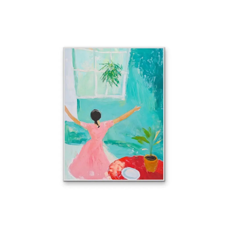 Bright New Day - Abstract Dancing Woman Pink Dress Blue Bright Outdoors Wall Canvas Print I Heart Wall Art