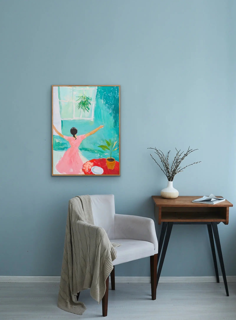 Bright New Day - Abstract Dancing Woman Pink Dress Blue Bright Outdoors Wall Canvas Print I Heart Wall Art