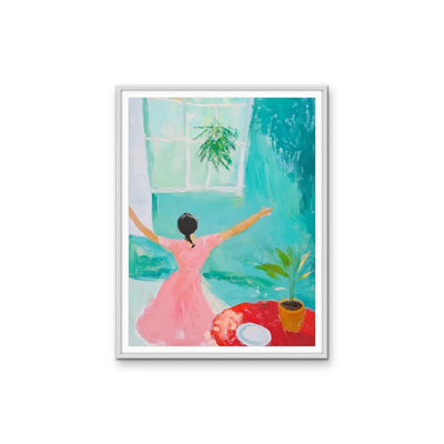 Bright New Day - Abstract Dancing Woman Pink Dress Blue Bright Outdoors Wall Canvas Print I Heart Wall Art