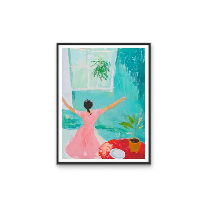 Bright New Day - Abstract Dancing Woman Pink Dress Blue Bright Outdoors Wall Canvas Print I Heart Wall Art