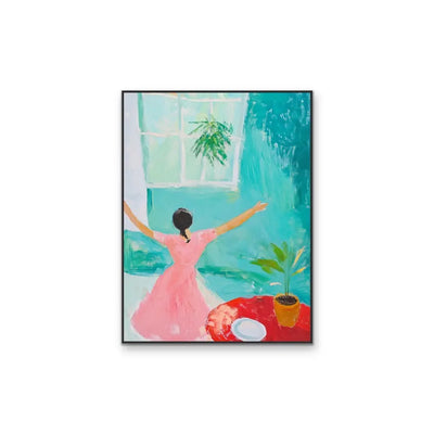 Bright New Day - Abstract Dancing Woman Pink Dress Blue Bright Outdoors Wall Canvas Print I Heart Wall Art