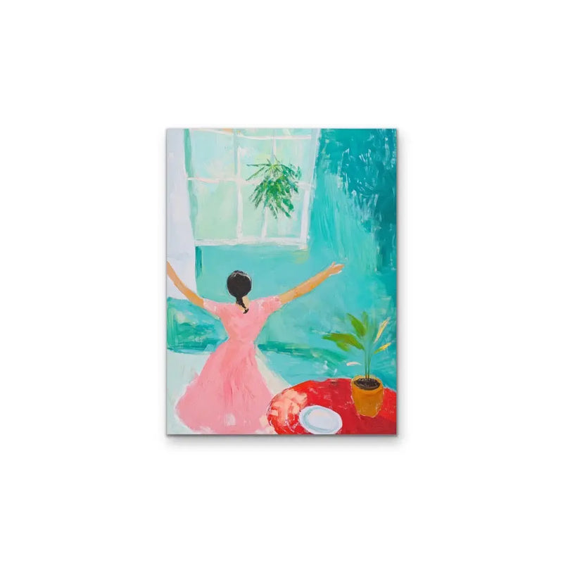 Bright New Day - Abstract Dancing Woman Pink Dress Blue Bright Outdoors Wall Canvas Print I Heart Wall Art