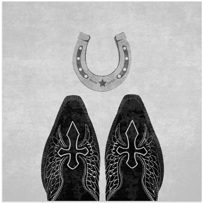 Bw Cowboy Boots and Horseshoe - Square Stretched Canvas, Poster or Fine Art Print I Heart Wall Art
