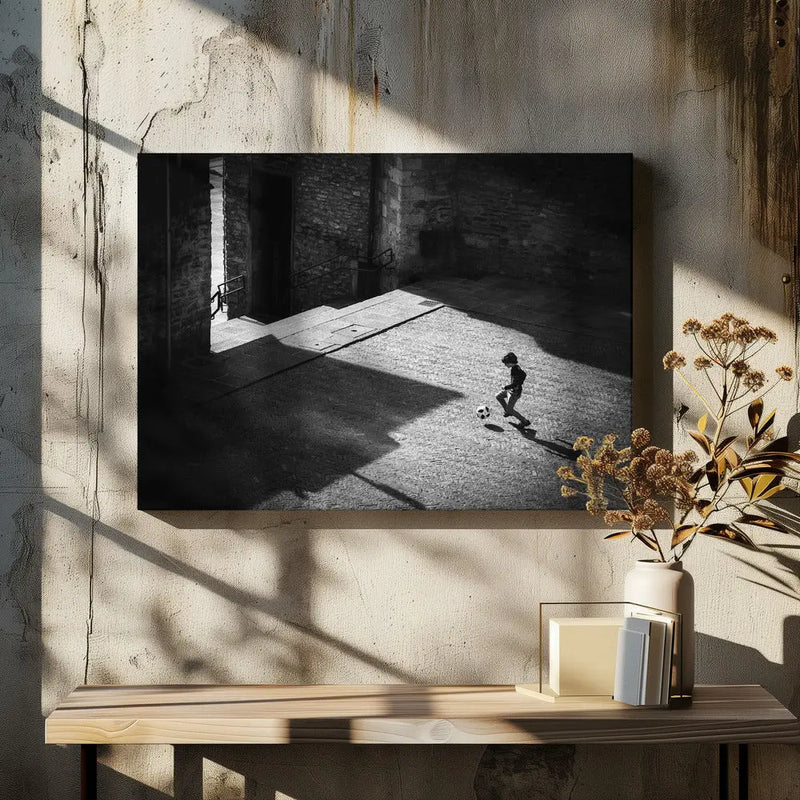 Child playing football - Stretched Canvas, Poster or Fine Art Print I Heart Wall Art