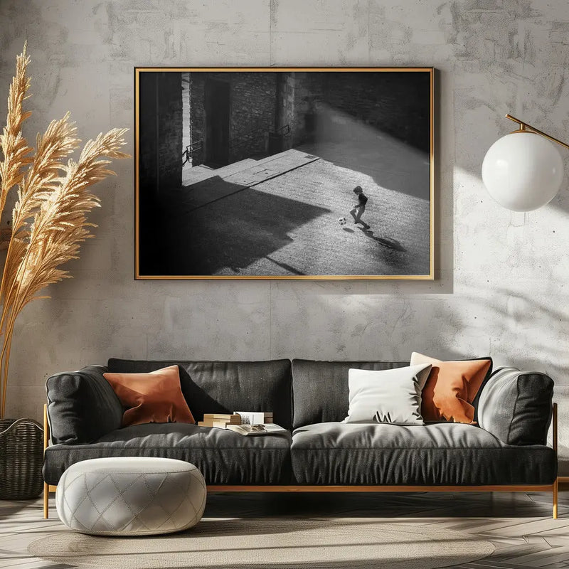 Child playing football - Stretched Canvas, Poster or Fine Art Print I Heart Wall Art