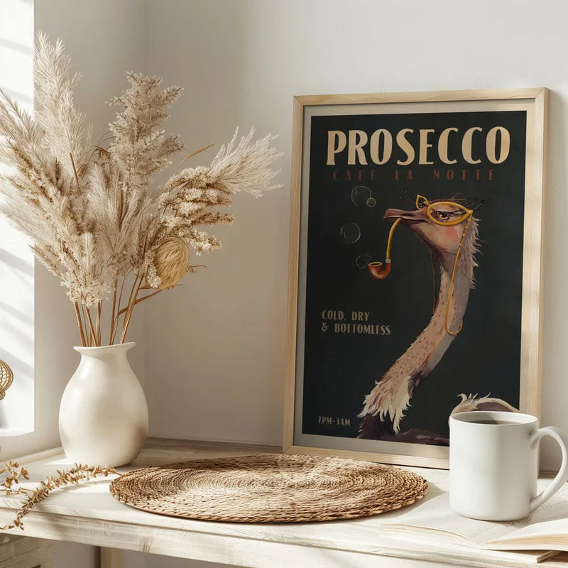 Cute Art Deco Prosecco Poster Of An Ostrich - Stretched Canvas, Poster or Fine Art Print I Heart Wall Art