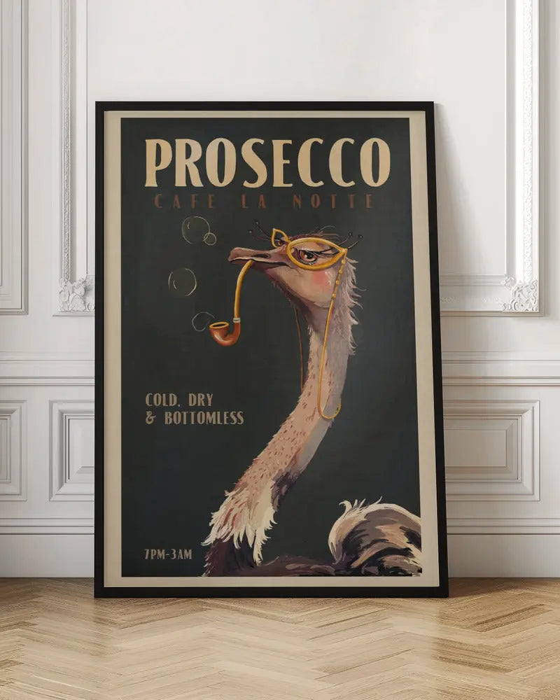 Cute Art Deco Prosecco Poster Of An Ostrich - Stretched Canvas, Poster or Fine Art Print I Heart Wall Art