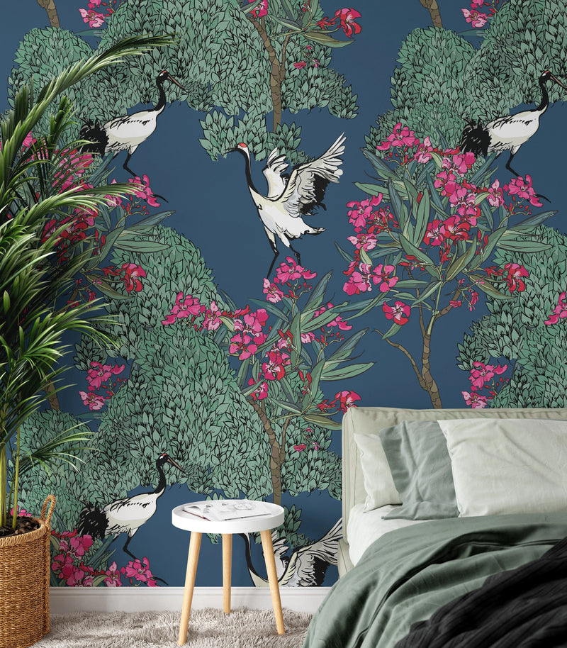 Dancing Crane - Blue Wallpaper With Pink Flowers and Crane Birds