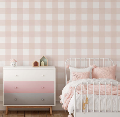 Gingham Wallpaper In 'Babydoll' - Light Pink Tartan/Plain Wallpaper - Removable or Permanent Wallpaper I Heart Wall Art Australia