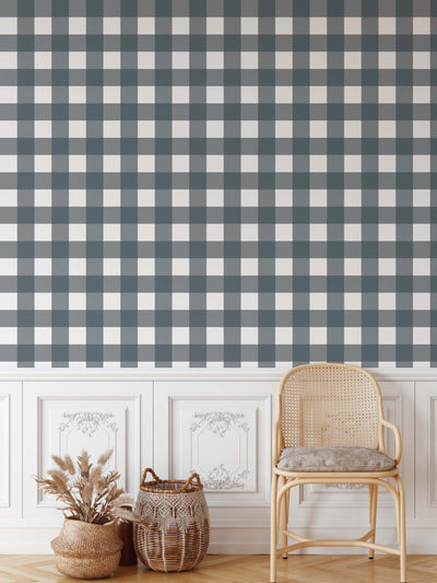 Gingham Wallpaper In 'Storm' HALFSIZE  -  Blue/Grey Tartan/Plaid Removable Wallpaper I Heart Wall Art Australia