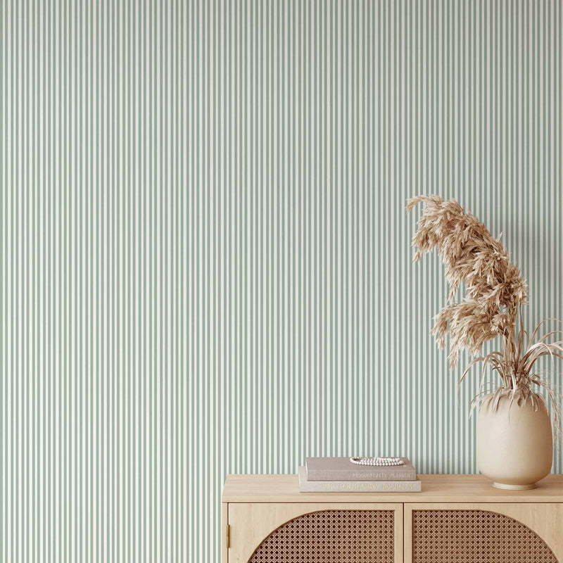 Green Pinstripe - Thin Stripe Green and White Wallpaper I Heart Wall Art Australia