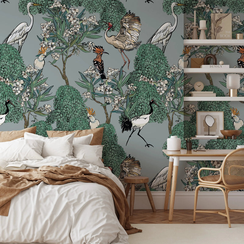 White Oleander on Blue/Grey Wallpaper - Floral Wallpaper In Traditional Style - Peel and Stick Wallpaper