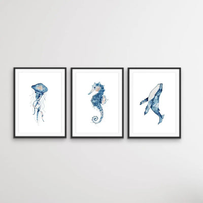 In The Ocean - Hamptons Three Piece Seahorse Jellyfish Whale Art or Canvas Print Set Triptych I Heart Wall Art Australia