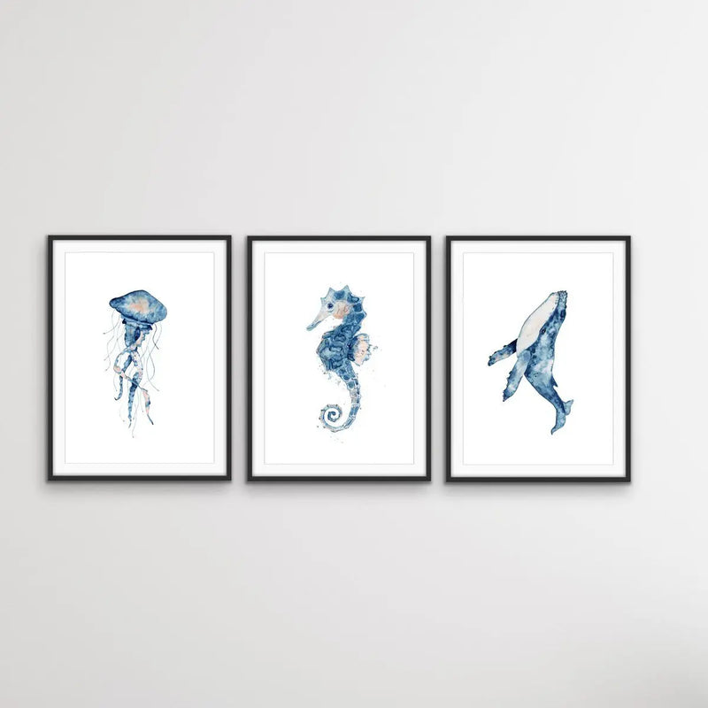 In The Ocean - Hamptons Three Piece Seahorse Jellyfish Whale Art or Canvas Print Set Triptych I Heart Wall Art Australia