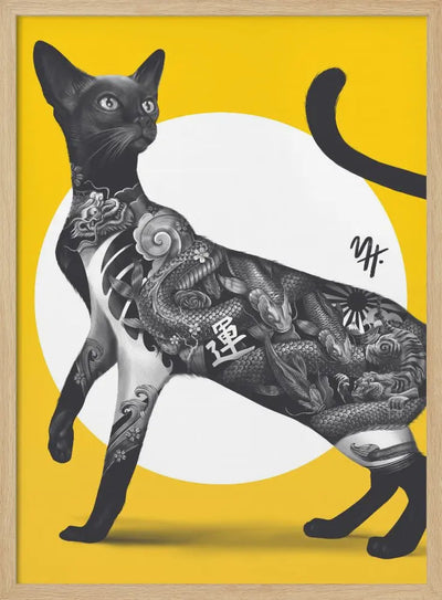 Japanese Cat Tattoo Yellow - Stretched Canvas, Poster or Fine Art Print I Heart Wall Art