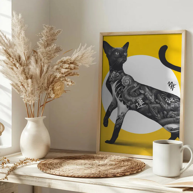 Japanese Cat Tattoo Yellow - Stretched Canvas, Poster or Fine Art Print I Heart Wall Art