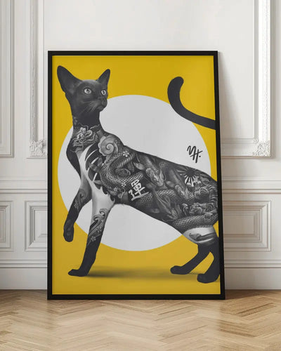 Japanese Cat Tattoo Yellow - Stretched Canvas, Poster or Fine Art Print I Heart Wall Art