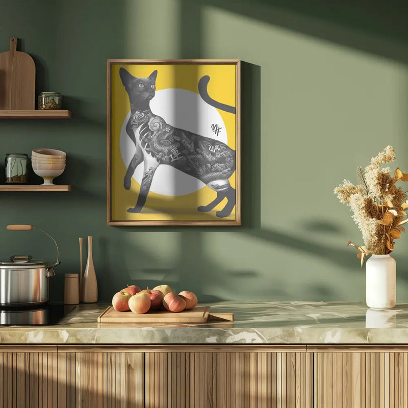 Japanese Cat Tattoo Yellow - Stretched Canvas, Poster or Fine Art Print I Heart Wall Art