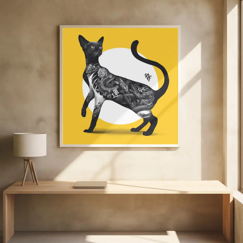 Japanese Cat Tattoo Yellow - Stretched Canvas, Poster or Fine Art Print I Heart Wall Art