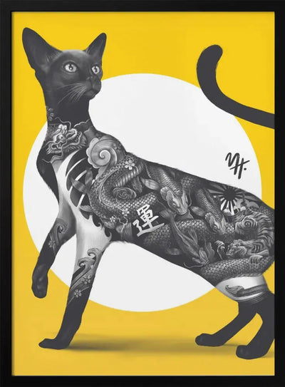 Japanese Cat Tattoo Yellow - Stretched Canvas, Poster or Fine Art Print I Heart Wall Art