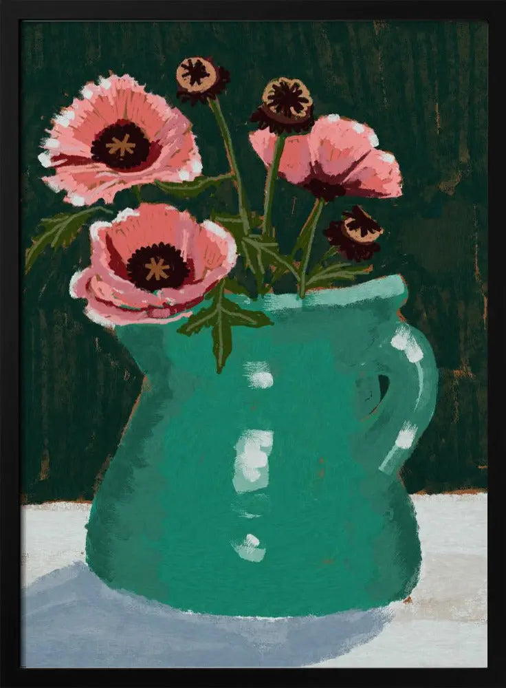 Little Green Jug with poppies - Stretched Canvas, Poster or Fine Art Print I Heart Wall Art