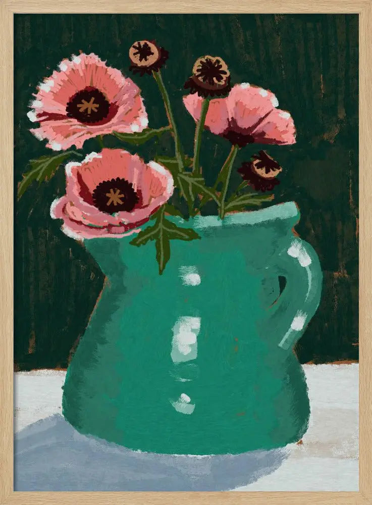 Little Green Jug with poppies - Stretched Canvas, Poster or Fine Art Print I Heart Wall Art