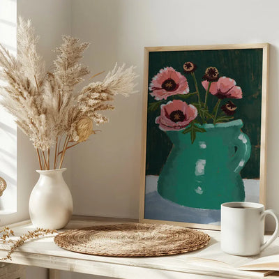 Little Green Jug with poppies - Stretched Canvas, Poster or Fine Art Print I Heart Wall Art