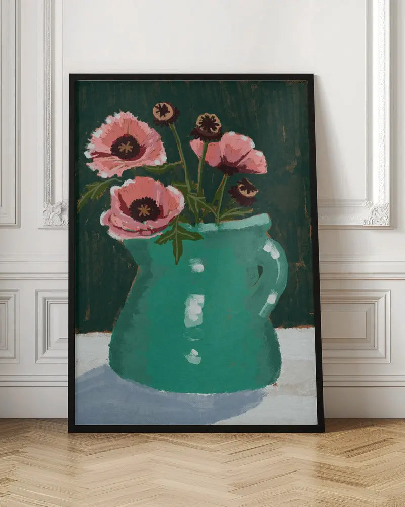 Little Green Jug with poppies - Stretched Canvas, Poster or Fine Art Print I Heart Wall Art