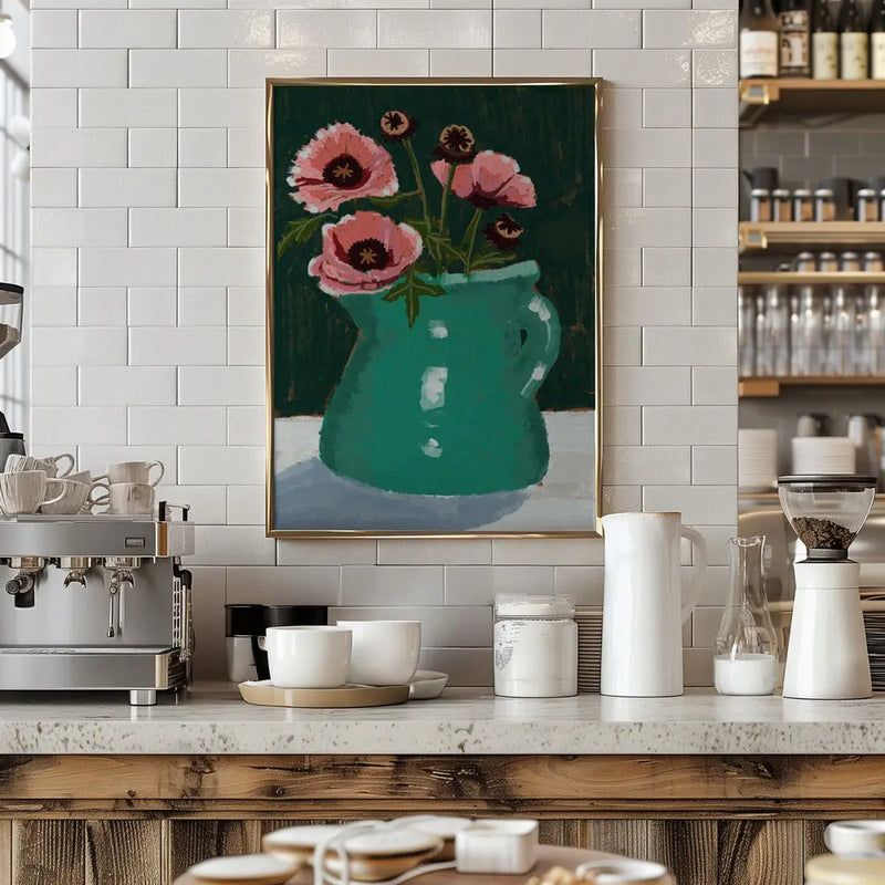 Little Green Jug with poppies - Stretched Canvas, Poster or Fine Art Print I Heart Wall Art