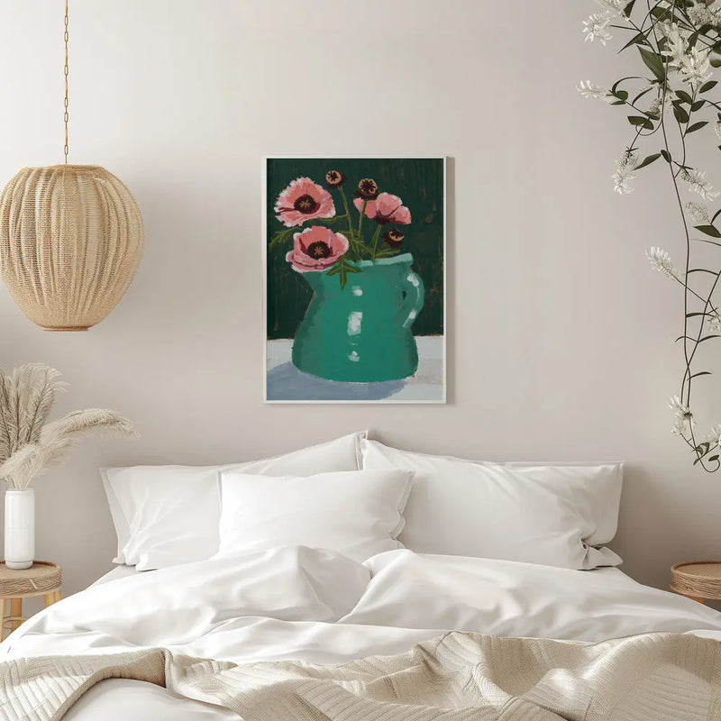 Little Green Jug with poppies - Stretched Canvas, Poster or Fine Art Print I Heart Wall Art