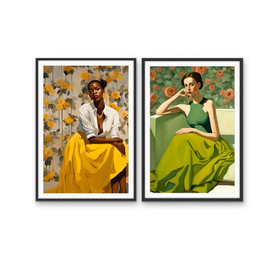 Mae And Kate - Two Piece Female Portraits Stretched Canvas Print or Framed Fine Art Print - Artwork - I Heart Wall Art