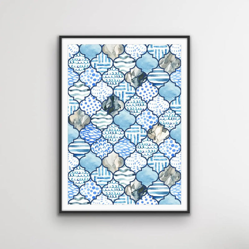 Moroccan Mosaics in Blue - Hamptons Style Tiled Watercolor Art Print