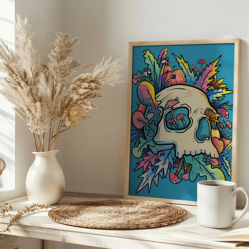 Mushrooms and the Colourful Skull - Stretched Canvas, Poster or Fine Art Print I Heart Wall Art