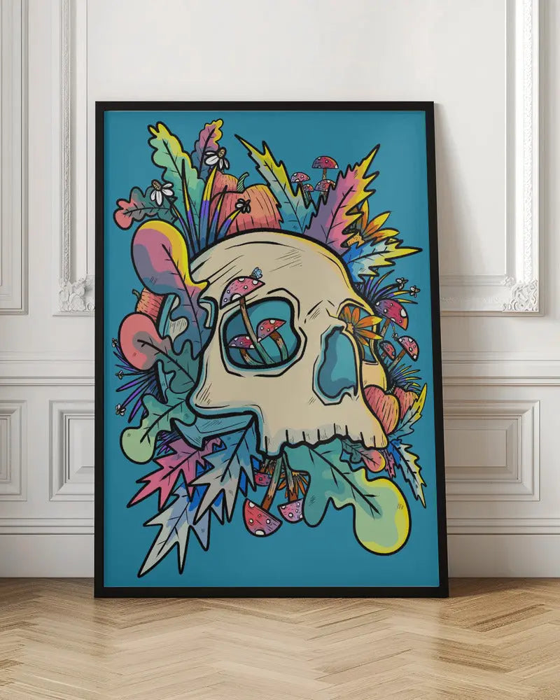 Mushrooms and the Colourful Skull - Stretched Canvas, Poster or Fine Art Print I Heart Wall Art