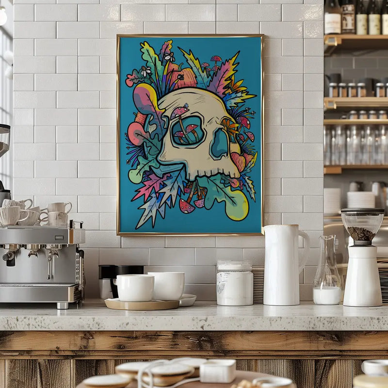 Mushrooms and the Colourful Skull - Stretched Canvas, Poster or Fine Art Print I Heart Wall Art