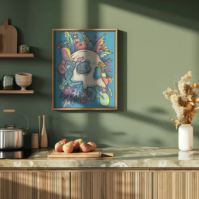 Mushrooms and the Colourful Skull - Stretched Canvas, Poster or Fine Art Print I Heart Wall Art