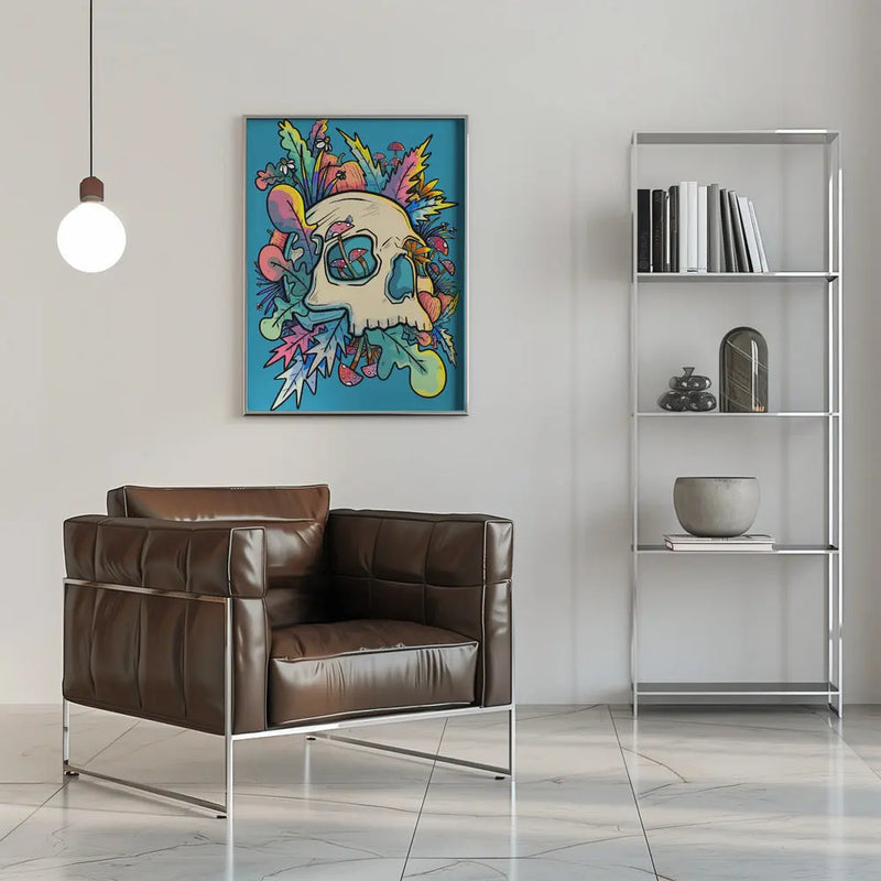 Mushrooms and the Colourful Skull - Stretched Canvas, Poster or Fine Art Print I Heart Wall Art